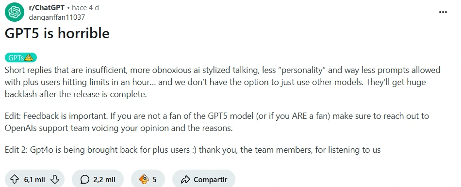 Foro de Reddit donde expresan malestar por GPT-5